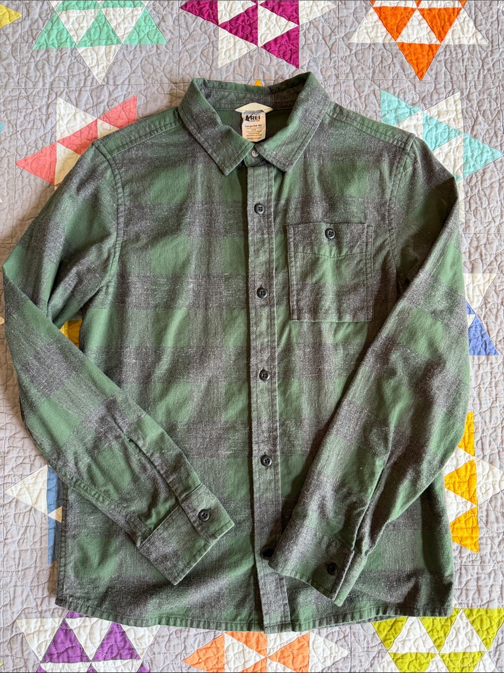 REI Boys Green & Gray Plaid Flannel Button Down Shirt